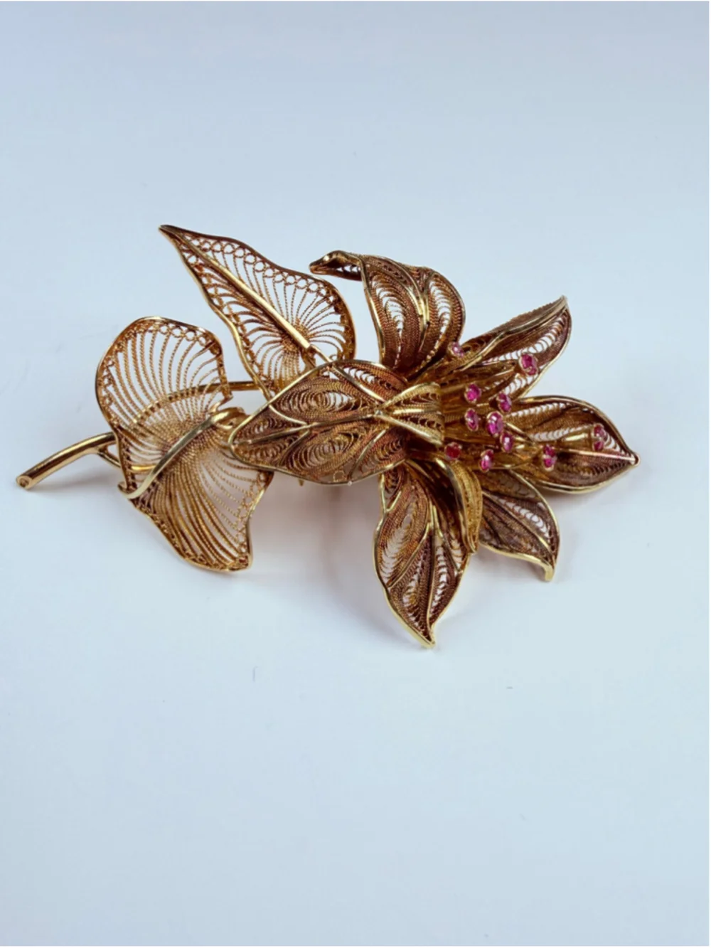 Estate 14K Solid Yellow Gold Ruby XL Floral Filigree Masterpiece VTG Pin Brooch